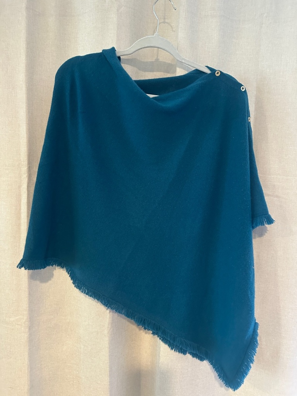 Lilly Pulitzer Teal Fringe-Trim Knit Poncho with Button Shoulder